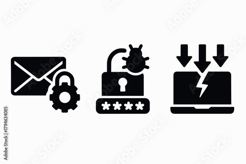Cybersecurity icons email protection, malware attack, data breach