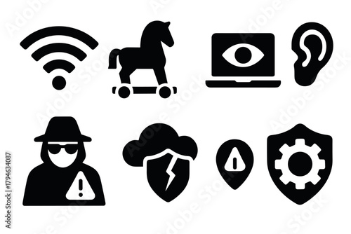 Cybersecurity icon set including spyware, trojan horse, and privacy symbols