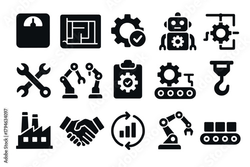 Industrial and automation icons set machinery, robotics, and factory tools