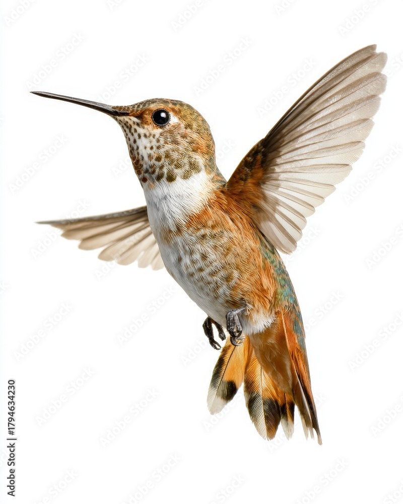 Fototapeta premium Hummingbird in Flight Isolated on White.Detailed image of a hummingbird hovering in flight on a white background. Capturing motion, wing speed, and the bird’s vibrant feathers