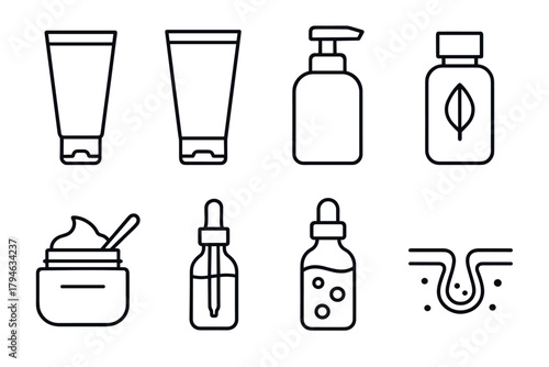 Minimalist skincare icons set featuring bottles, jars, and dropper in linear style