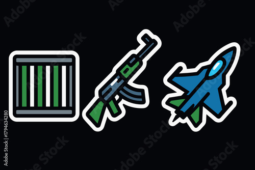 Colorful military icons weapon, jet, and barred cage on black background