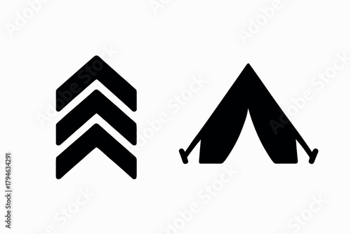 Minimalist camp tent and chevron arrows icon set in black silhouette style
