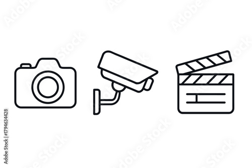 Minimalist camera, security, and film icons in linear style