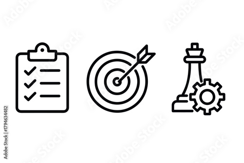Business strategy icons checklist, target, chess piece with gear