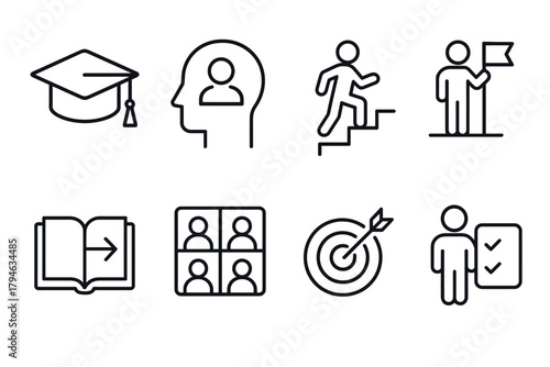 Set of linear icons representing education, leadership, and personal development