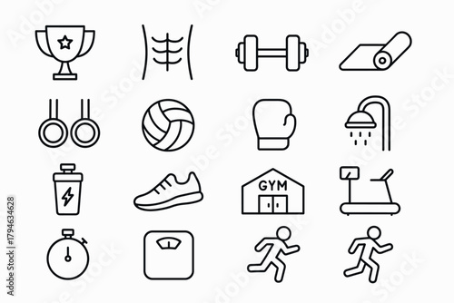 Fitness and gym equipment icons set featuring trophies, weights, and athletic gear