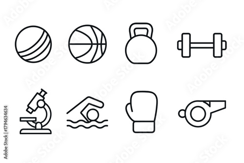 Minimalist line icons of sports and science equipment