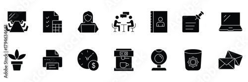 Office Workplace solid icon set. Office, remote working, meeting, co-worker, workspace, desk, computer, business icons and more. Vector illustration.