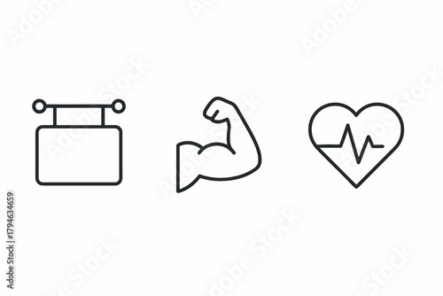 Linear icons of fitness dumbbell, muscular arm, and heartbeat symbol