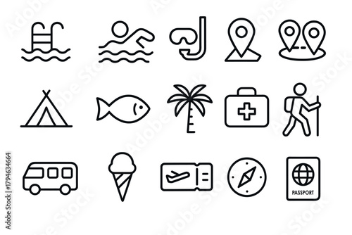 Outline icons for travel beach, camping, and adventure symbols for modern design
