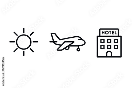 Travel and leisure icons sun, airplane, hotel in minimalist style