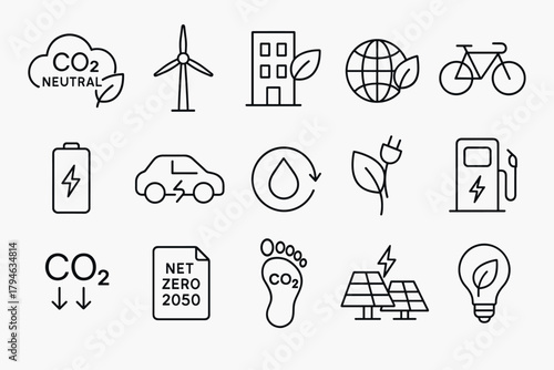 Sustainable energy icons ecofriendly linear designs for renewable solutions