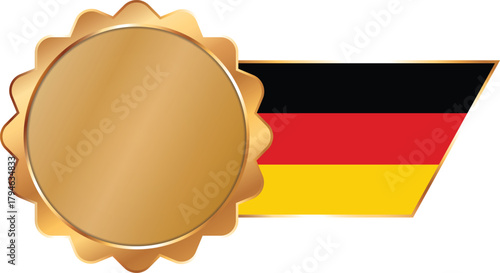 A shiny gold award seal featuring a circular metallic center with a flag of Germany on ribbon with gold outline