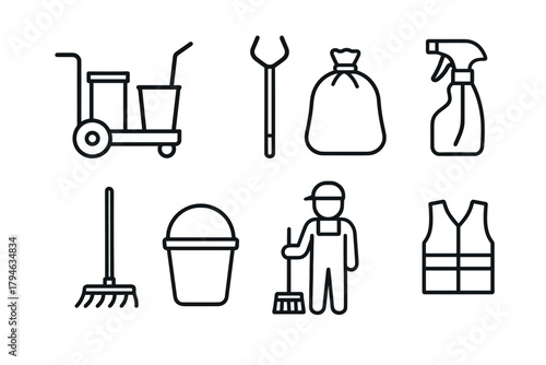 Minimalist cleaning icons set for sanitation and maintenance