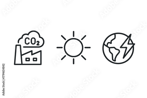 Linear climate change icons co2 emissions, solar energy, and global impact