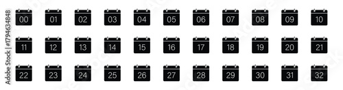 Calendar solid icon set. Calendar Days Full Month Set, Dates 1st to 32st. Vector Illustration.