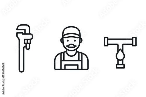 Plumber icon set featuring tools and professional in simple linear style