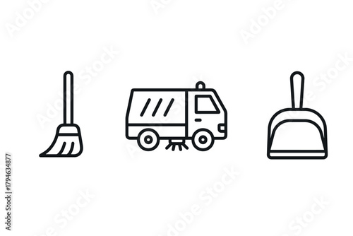 Outline icons of broom, sweeper truck, and dustpan for cleaning services