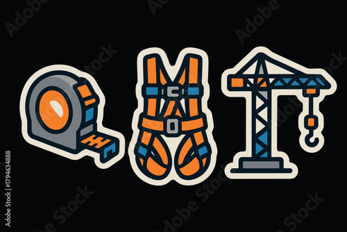 Construction tools sticker set with tape measure, safety harness, and crane