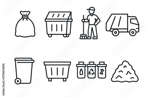Clean city icons waste management and recycling in linear style