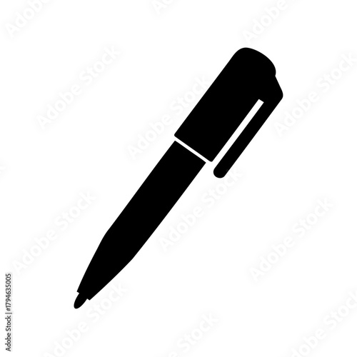Silhouette of a sleek black ballpoint pen, ready to write or draw