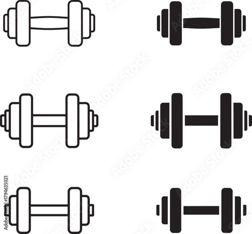 Set of six hand drawn dumbbell icons in outline and solid black styles