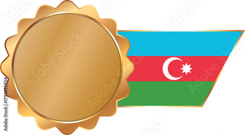 A shiny gold award seal featuring a circular metallic center with a flag of Azerbaijan on ribbon with gold outline