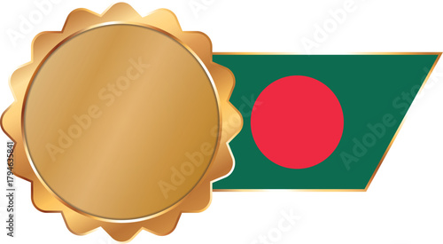 A shiny gold award seal featuring a circular metallic center with a flag of Bangladesh on ribbon with gold outline