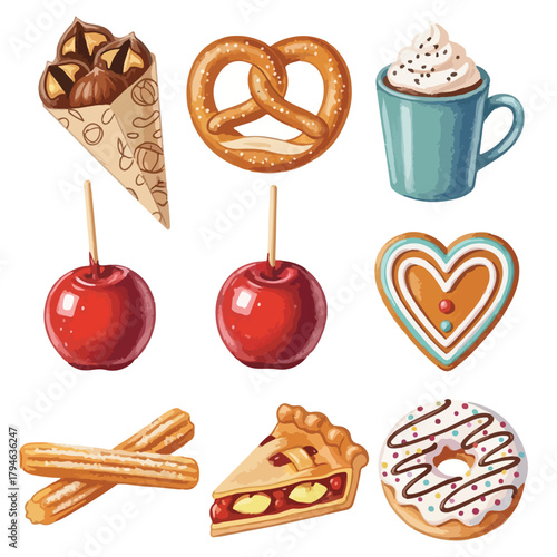 Flat lay illustration of various Christmas treats including candy apples, cookies, pretzels, and other sweet foods on a clean white background.
