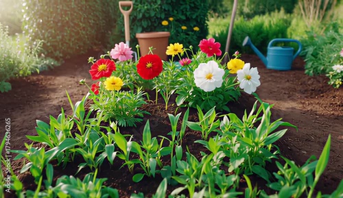 Colorful flowers blooming in sunny garden surrounded by fresh green seedlings