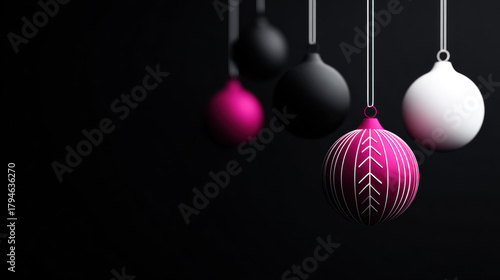 Modern Christmas ornaments in pink, black, and white hanging against a dark background. Elegant and minimalist holiday banner with copy space.