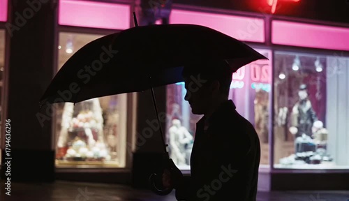 Male silhouette walking with umbrella past glowing shop windows at night