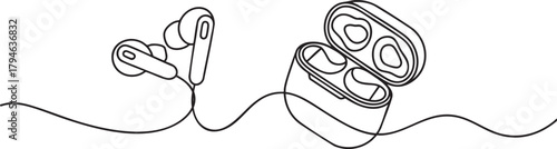 Continuous one line vector illustration of TWS true wireless earphone in minimalist modern line art style