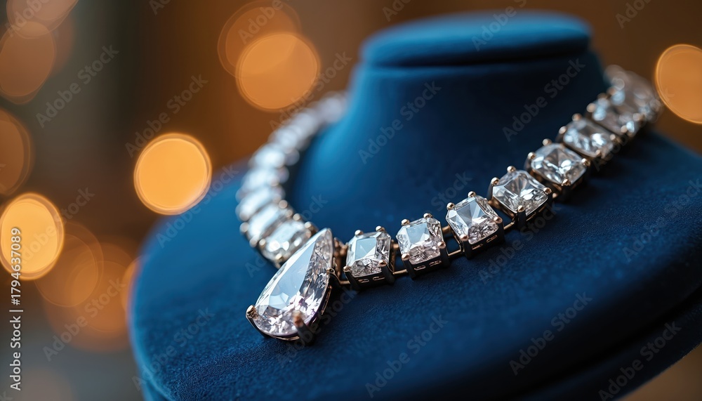 Fototapeta premium Brilliant diamond necklace with clear gems rests on dark blue velvet display stand. Expensive jewelry piece features large teardrop stone, many square cut diamonds. Shines with elegance, perfect