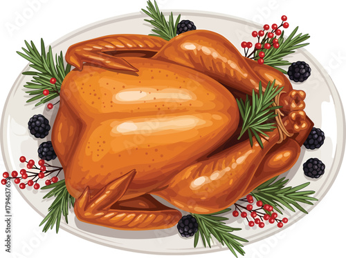 A vibrant 2D illustration showcasing a traditional Thanksgiving or Christmas turkey