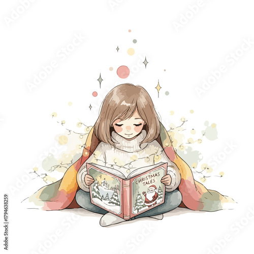 A young girl enjoys reading a Christmas book while sitting cozily with cookies and festive treats around her in a warm, magical setting with a joyful atmosphere.