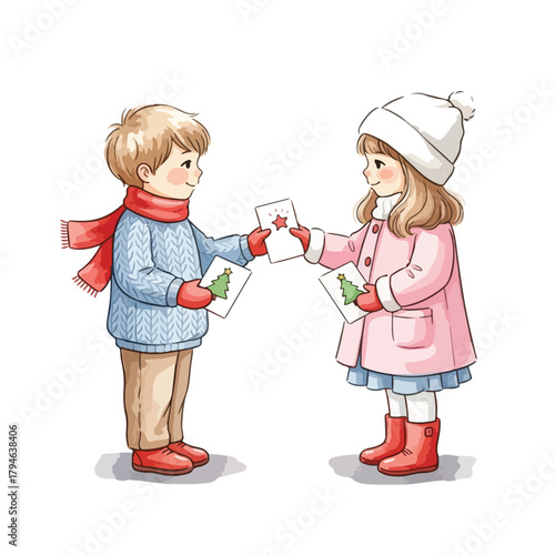 Two happy children in winter clothing exchanging Christmas cookies on a plain white background with a festive mood.