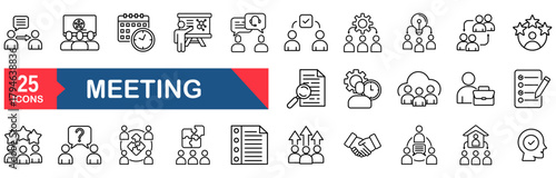 Meeting icon set. vector illustration concept for seminar, presentation, conference, business, interview, assembly, discussion, agreements