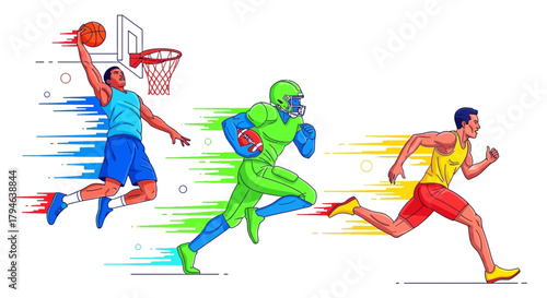 Dynamic athletes in action showcase basketball, football, and track for ultimate sports and fitness inspiration