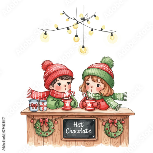 Illustration of two happy children in winter hats enjoying hot chocolate with cookies at a festive wooden counter with a Christmas theme and warm lighting.