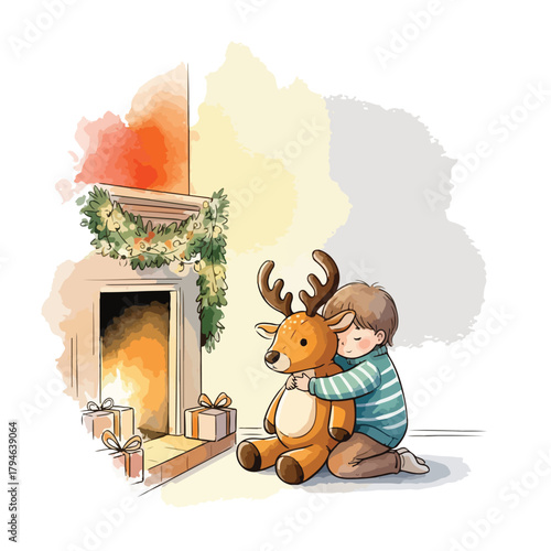 A young child hugs a reindeer toy sitting by a festively decorated fireplace with gifts on a Christmas themed background with warm colors.