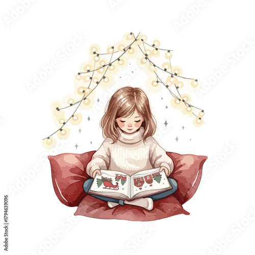 A young girl sits on pillows reading a Christmas-themed book with cookies and festive lights in the background, conveying a cozy and joyful mood.