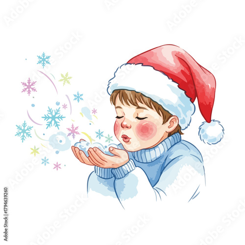 A cheerful young boy wearing a Santa hat blows colorful snowflakes from his hand on a white background with a joyful Christmas theme, surrounded by festive cookies and sweet foods.