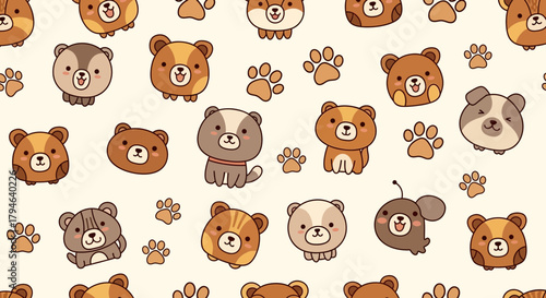 Adorable seamless pattern featuring cute cartoon bears and paw prints, bringing a cheerful and playful vibe to any design project, perfect for kids
