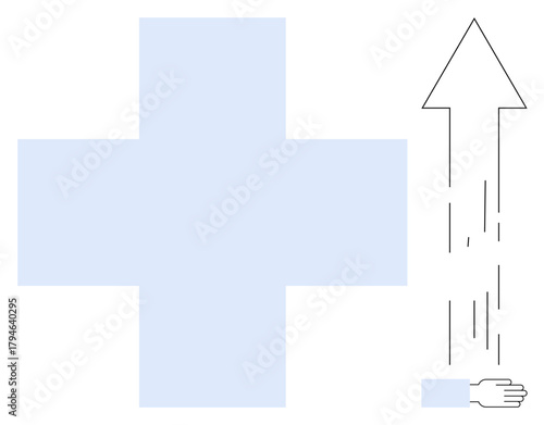 Blue plus sign next to upward arrow emerging from open hand. Ideal for health, growth, care, progress, well-being, support, development. Simple flat metaphor