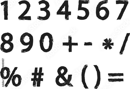 Collection of handwritten symbols and numbers displayed in a dark rough and artistic style