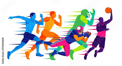 Dynamic athletes race forward showcasing diverse sports action with vibrant energy and speed