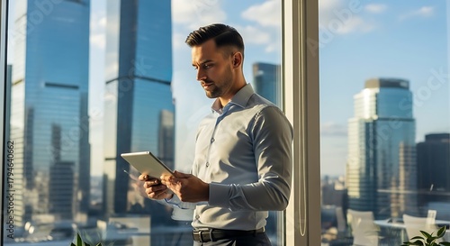 Businessman using a tablet while standing by a large window with a cityscape in the background