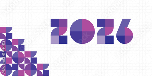2026 geometric abstract modern typographic design with vibrant purple and pink color shapes